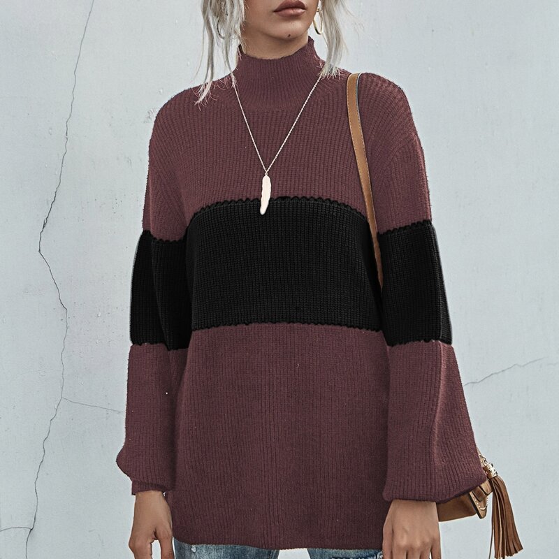 

Contrast Panel Stand Collar Sweater, Chocolate brown