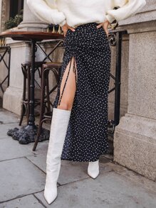 SHEIN Frenchy Polka Dot Drawstring Ruched Split Thigh Skirt Summer Black - Black - View 1