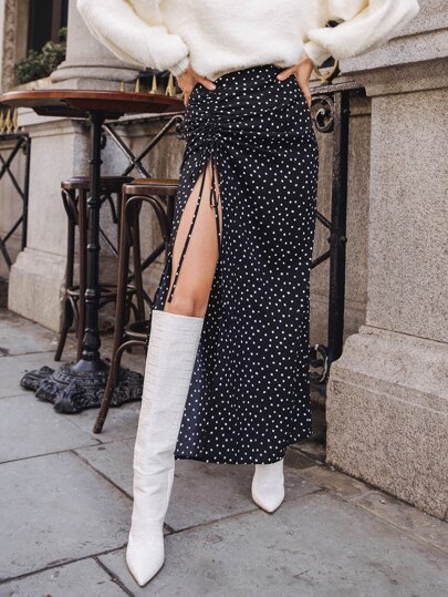 Rock mit Punkten Muster, Kordelzug, Rüsche und Schlitz