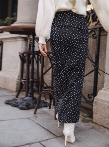 SHEIN Frenchy Polka Dot Drawstring Ruched Split Thigh Skirt Summer Black - Black - View 2