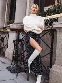 SHEIN Frenchy Polka Dot Drawstring Ruched Split Thigh Skirt Summer Black - Black - View 3