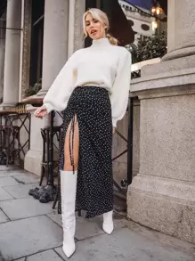 SHEIN Frenchy Polka Dot Drawstring Ruched Split Thigh Skirt Summer Black - Black - View 4