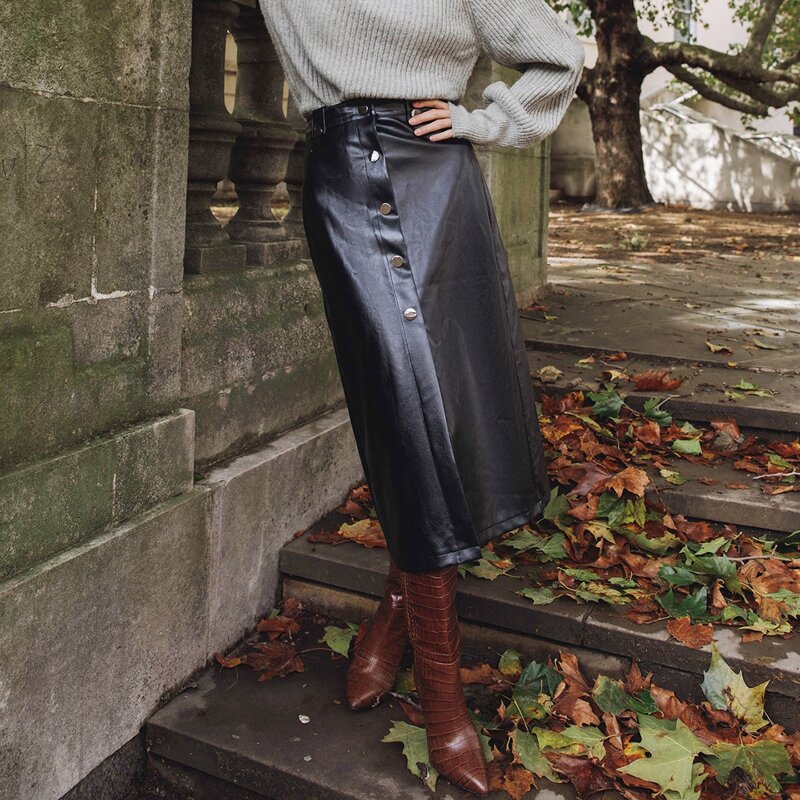 

Button Front PU Leather Skirt, Black