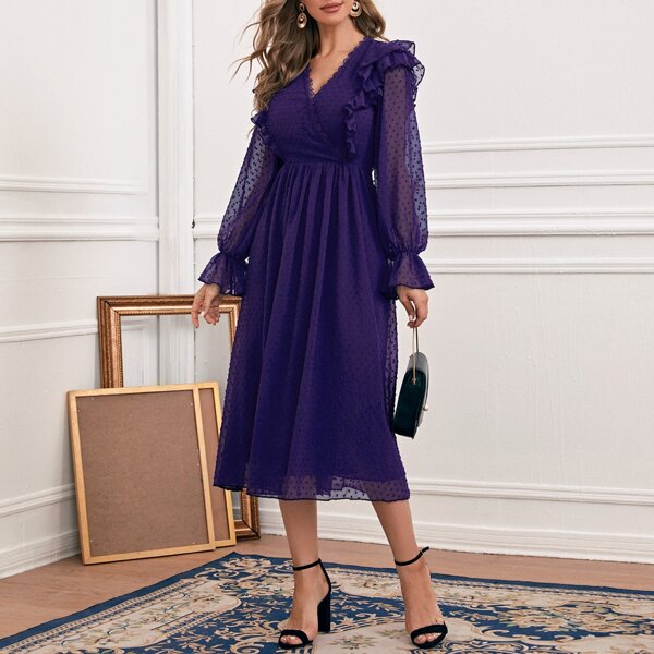 

Flounce Sleeve Ruffle Detail Chiffon Dress, Purple