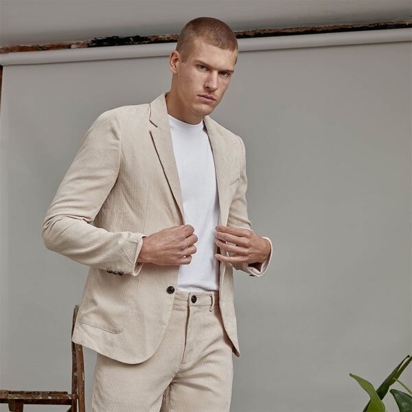

Men Single Breasted Corduroy Blazer & Pants Suit, Beige