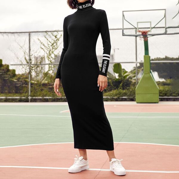 

Letter Graphic High Neck Dress, Black
