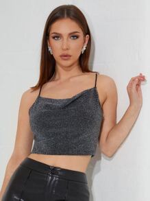 SHEIN BAE 十字交叉後閃亮短版吊帶上衣 - 深灰色 - 查看 1