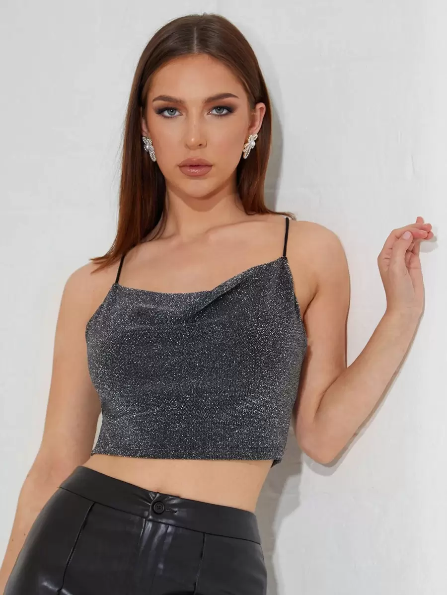 SHEIN BAE 十字交叉後閃亮短版吊帶上衣 - 深灰色 - 查看 1