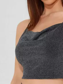 SHEIN BAE 十字交叉後閃亮短版吊帶上衣 - 深灰色 - 查看 5