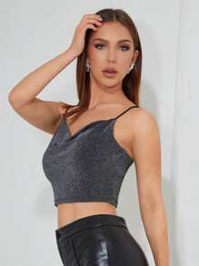 SHEIN BAE 十字交叉後閃亮短版吊帶上衣 - 深灰色 - 查看 6