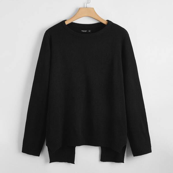 

Plus Solid Split Back Sweater, Black