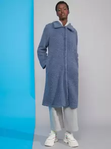 SHEIN Pocket Detail Solid Teddy Coat - Dusty Blue - View 1