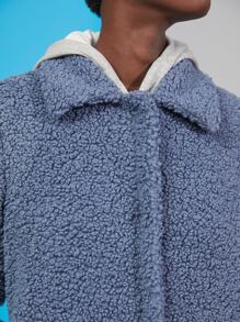 SHEIN Pocket Detail Solid Teddy Coat - Dusty Blue - View 5