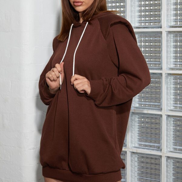 

Shoulder Pad Drawstring Hooded Sweatshirt Dress, Chocolate brown