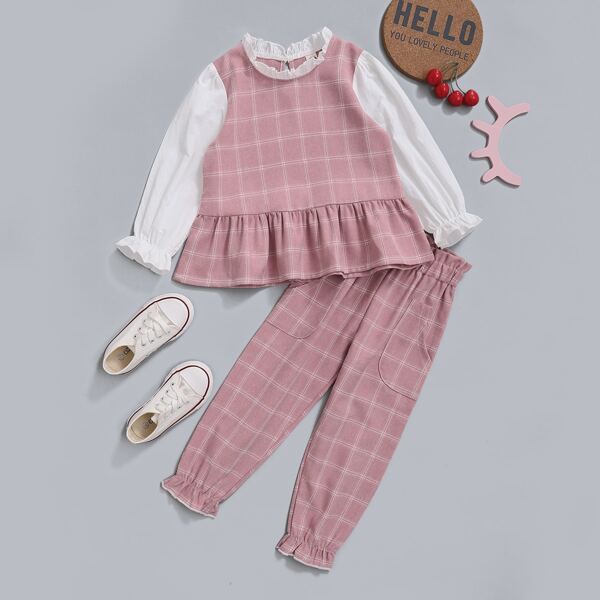 

Toddler Girls Contrast Sleeve Plaid Top & Pants, Dusty pink