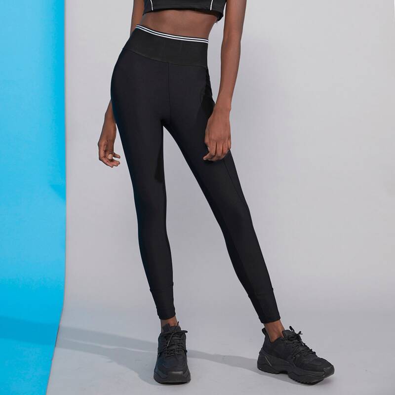 

Striped Trim Wideband Waist Leggings, Black
