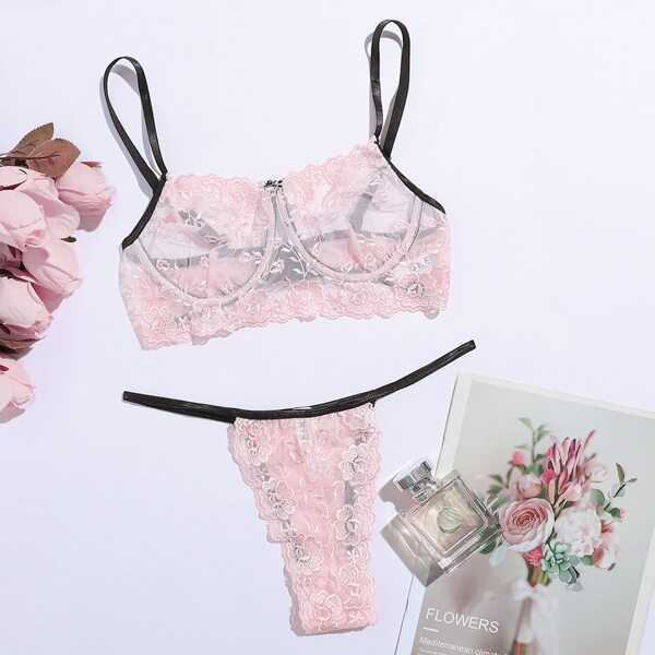 

Embroidered Mesh Underwire Lingerie Set, Pastel baby pink