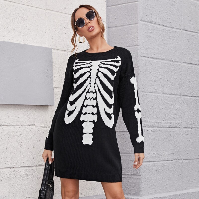 

Drop Shoulder Skeleton Sweater Dress, Black