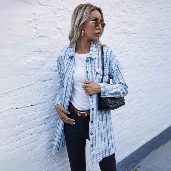 

Drop Shoulder Raw Hem Plaid Tweed Coat, Pastel baby blue