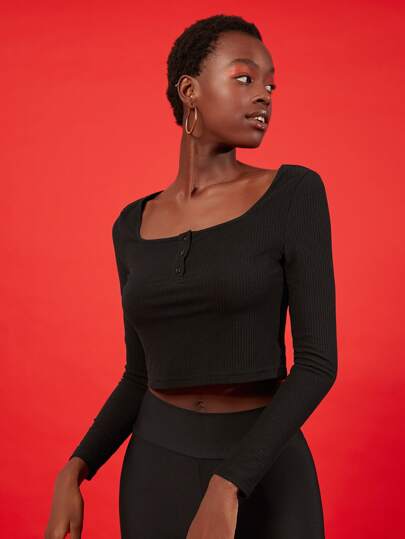 SHEIN EZwear 紐扣羅紋針織短版上衣