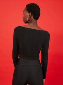 SHEIN EZwear 紐扣羅紋針織短版上衣 - 黑色 - 查看 2