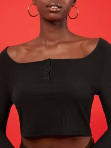 SHEIN EZwear 紐扣羅紋針織短版上衣 - 黑色 - 查看 4