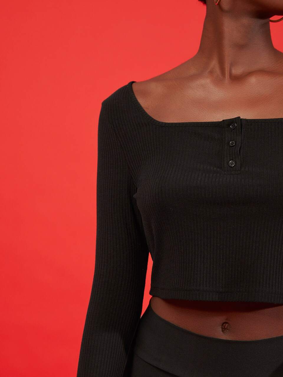 Buttoned Front Rib-knit Crop Top