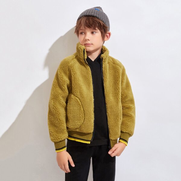 

Boys Striped Trim Zip Up Teddy Jacket, Olive green