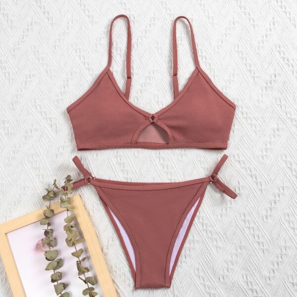 

Plain Cut Out Thong Bikini Swimsuit, Dusty pink