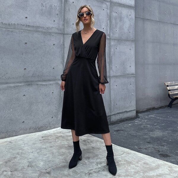 

Surplice Neck Sheer Mesh Sleeve Dress, Black