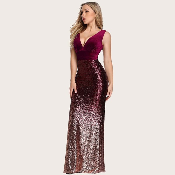 

Plunging Neck Velvet Bodice Sequin Prom Dress, Burgundy