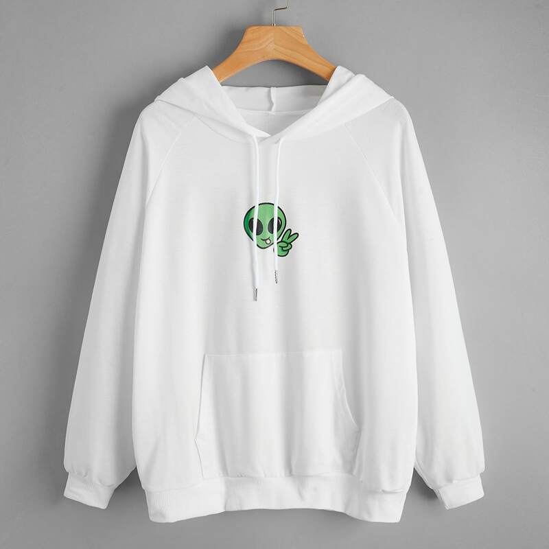 

Kangaroo Pocket Alien Graphic Drawstring Hoodie, White