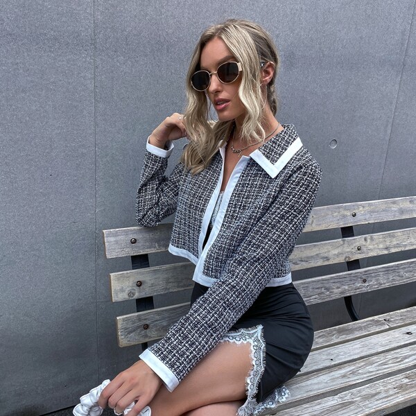 

Contrast Trim Plaid Tweed Jacket, Dark grey