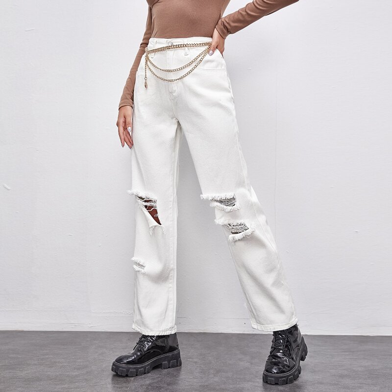 

Ripped Chain Detail Solid Mom Jeans, White