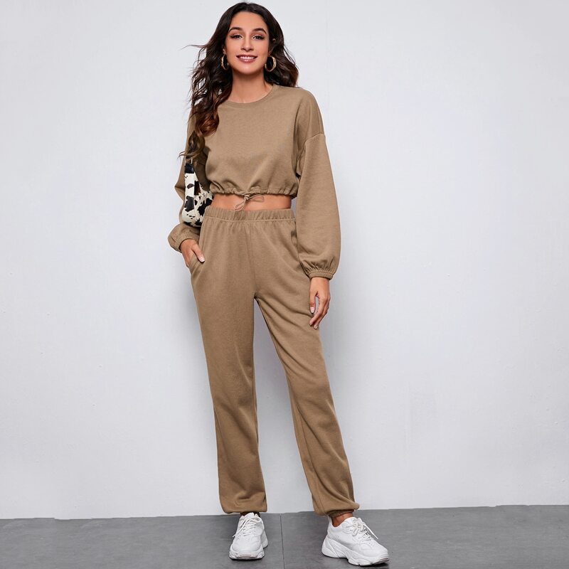 

Drop Shoulder Drawstring Sweatshirt & Sweatpants Set, Mocha brown