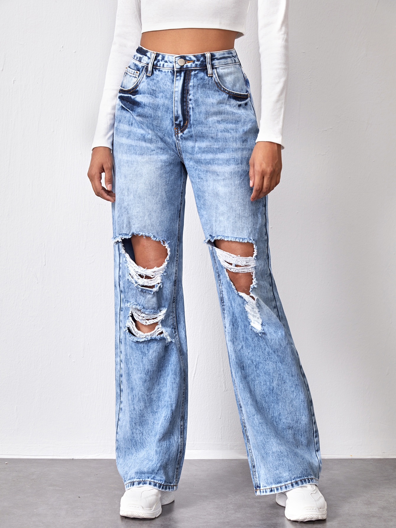 High Waist Slant Pocket Ripped Wide Jeans thumbnail