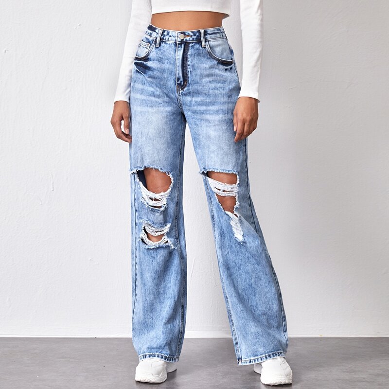 

High Waist Slant Pocket Ripped Wide Jeans, Light wash