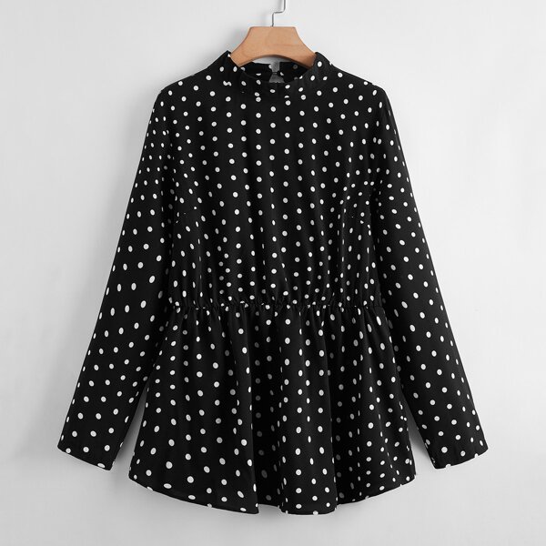 

Plus Polka Dot Ruffle Hem Blouse, Black