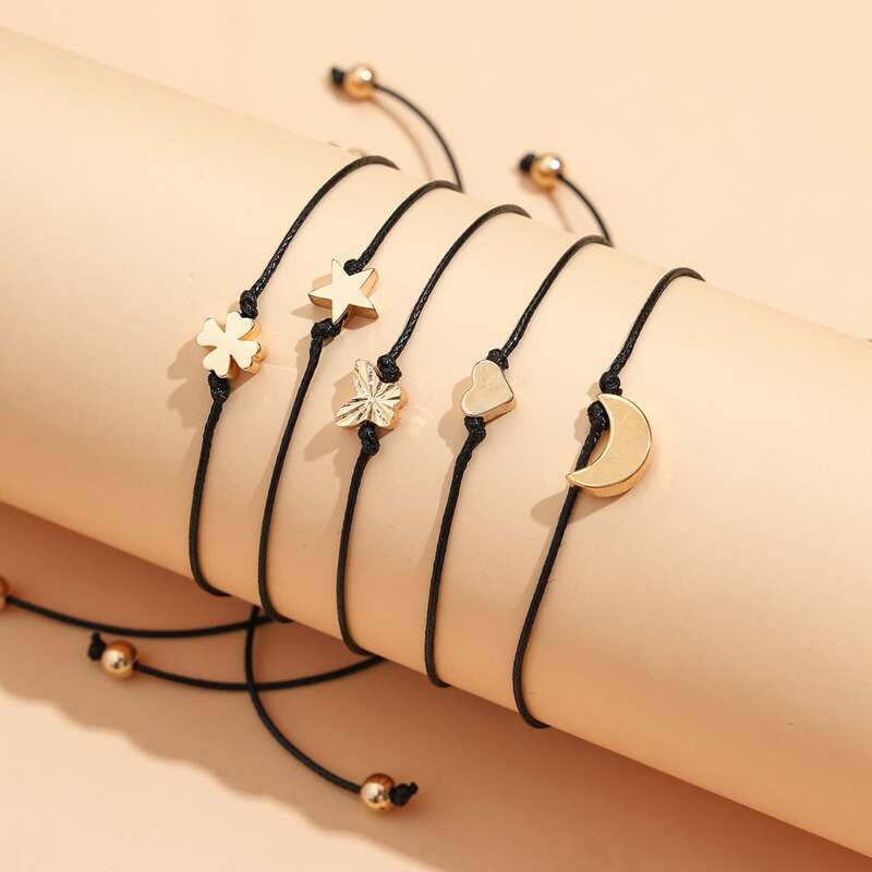 

5pcs Star & Heart String Bracelet, Black