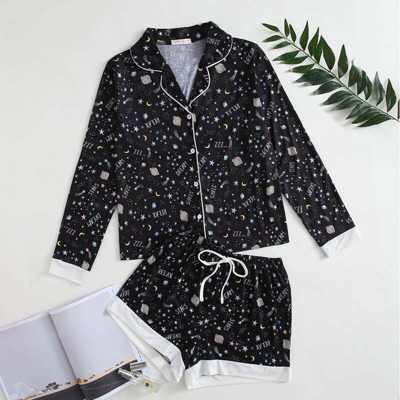 

Cartoon Allover Print PJ Set, Black
