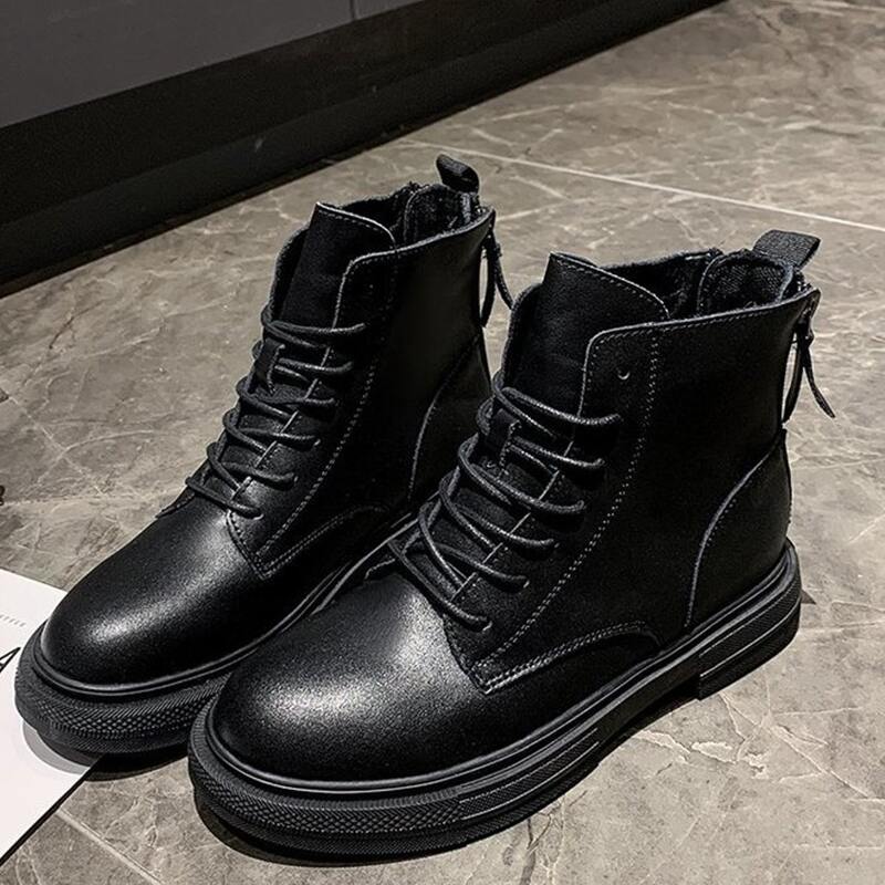 

Back Zip Lace-up Combat Boots, Black