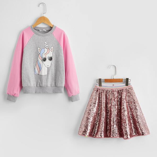 

Girls Unicorn Print Pullover & Sequin Skirt Set, Multicolor