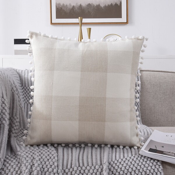 

Plaid Pom Pom Cushion Cover Without Filler, Multicolor