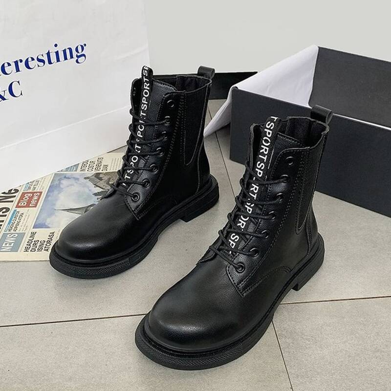 

Letter Tape Lace-up Combat Boots, Black