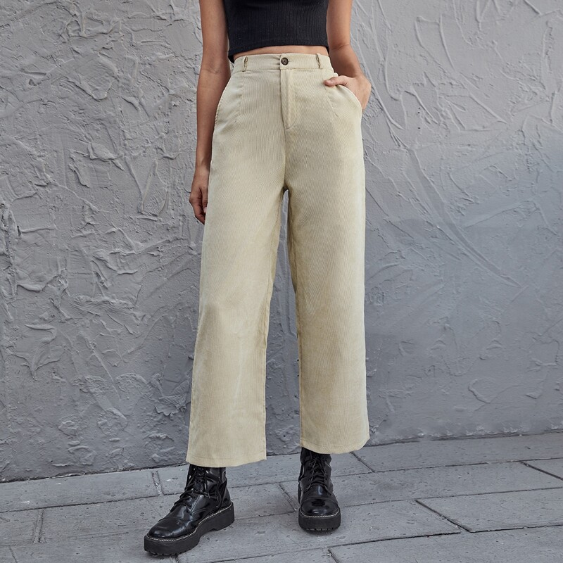 

Solid Slant Pocket Corduroy Pants, Beige
