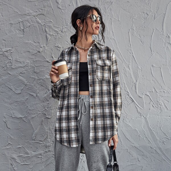 

Plaid Button Up Curved Hem Coat, Multicolor