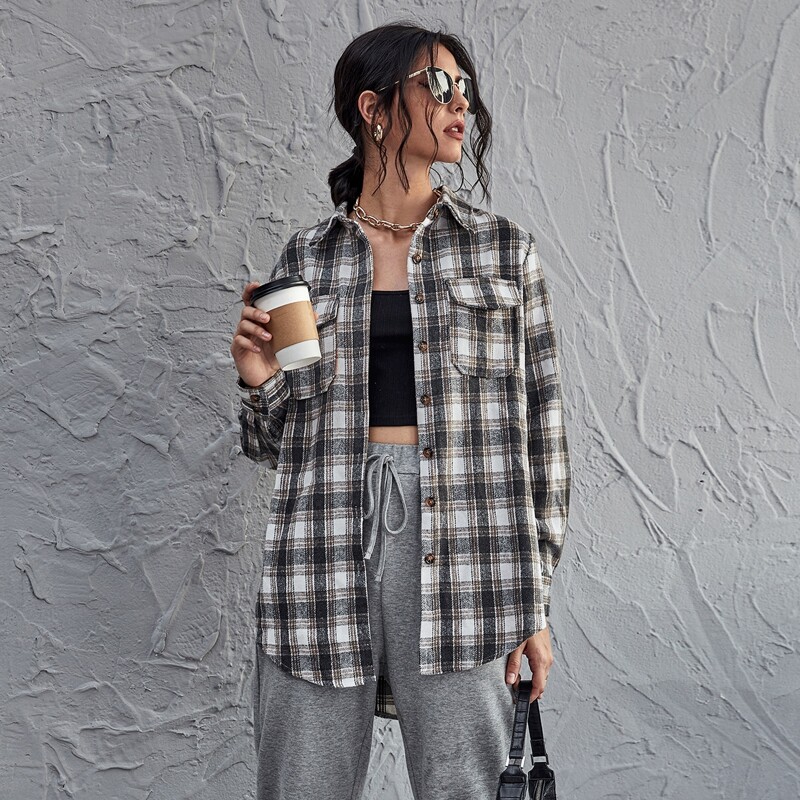

Plaid Button Up Curved Hem Coat, Multicolor