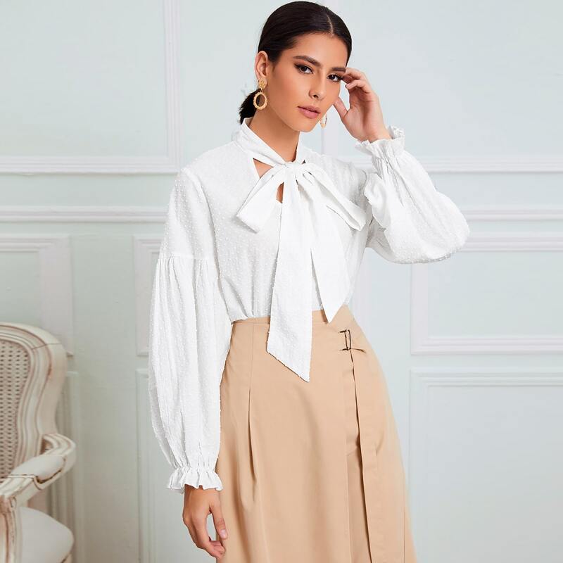 

Solid Tie Neck Drop Shoulder Blouse, White