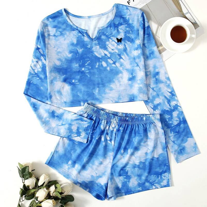 

Butterfly Embroidery Tie Dye Lounge Set, Blue