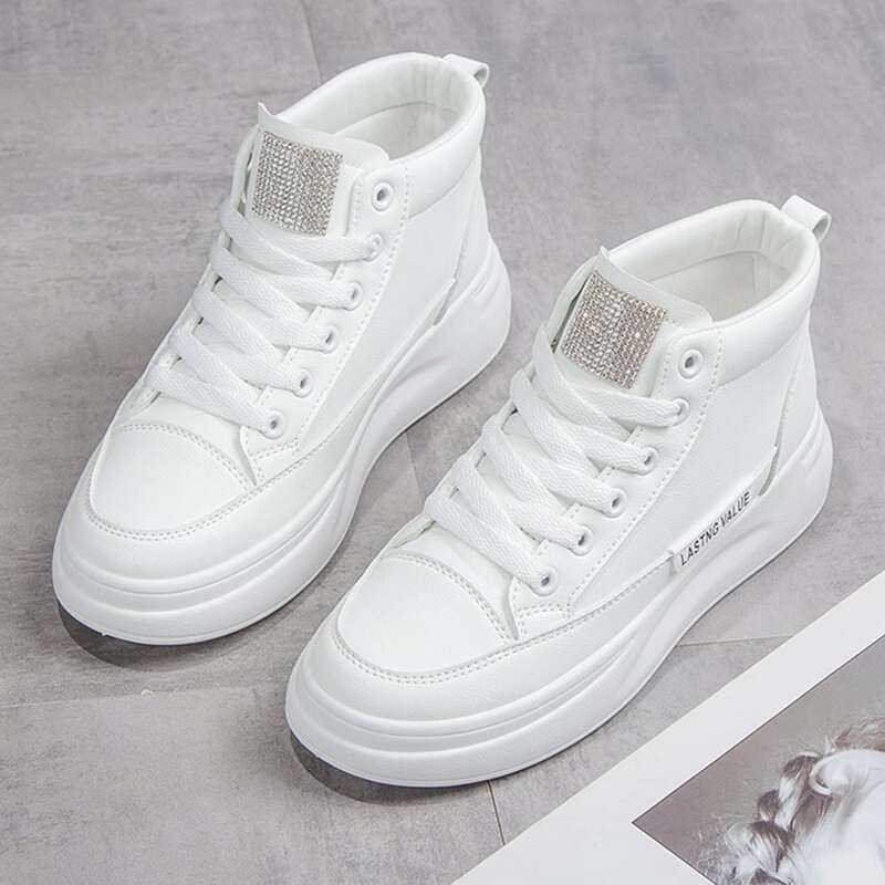 

Rhinestone Lace-up High Top Skate Shoes, White